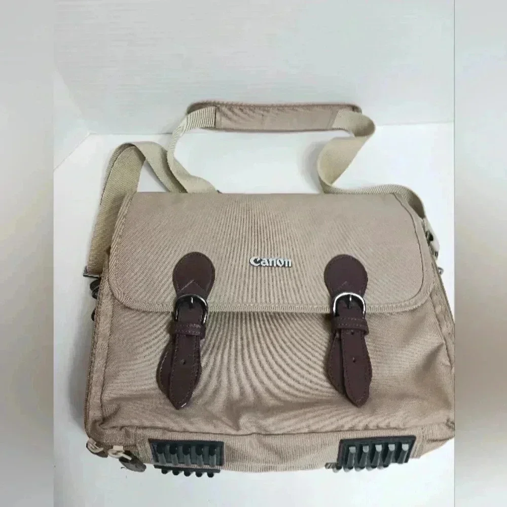 Canon Beige Canvas Brown Leather Carry Shoulder Strap Padded Camera Bag CLEAN